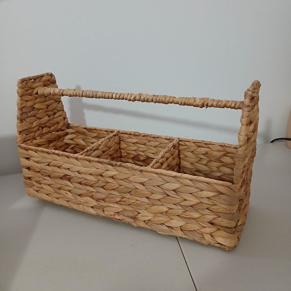 Wicker Hyacinth Large Utensil Carrier Caddy Holder w/3 Slots and Handle 15x8x5